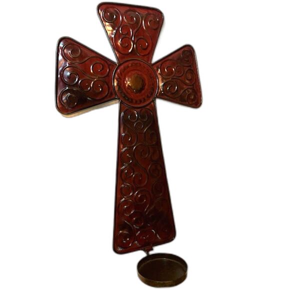 Rustic Trad Wall Decor 18"x11" Reddish Brown Metal Hanging Cross Candleholder - Picture 1 of 3